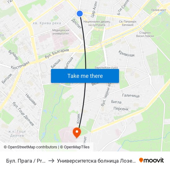 Бул. Прага / Prague Blvd. (0365) to Университетска болница Лозенец (University hospital Lozenets) map