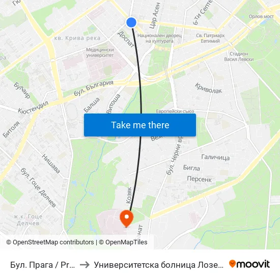 Бул. Прага / Prague Blvd. (0365) to Университетска болница Лозенец (University hospital Lozenets) map