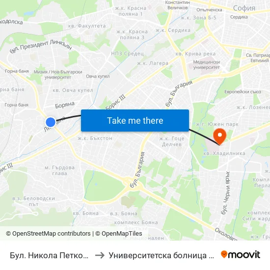 Бул. Никола Петков / Nikola Petkov Blvd. (0347) to Университетска болница Лозенец (University hospital Lozenets) map