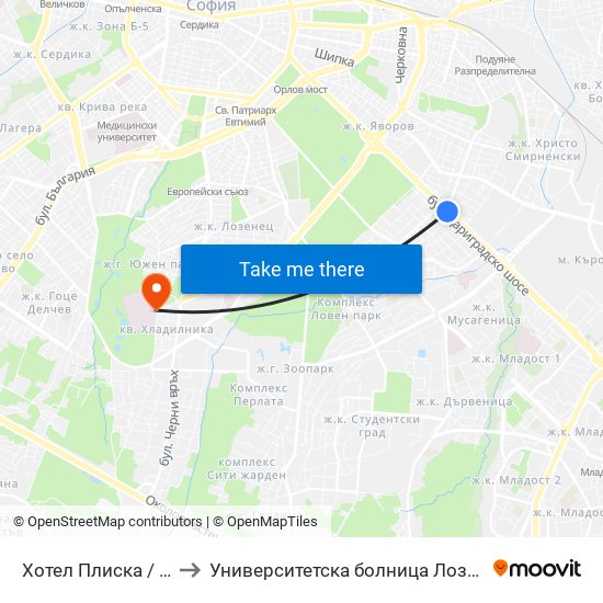 Хотел Плиска / Pliska Hotel (2326) to Университетска болница Лозенец (University hospital Lozenets) map