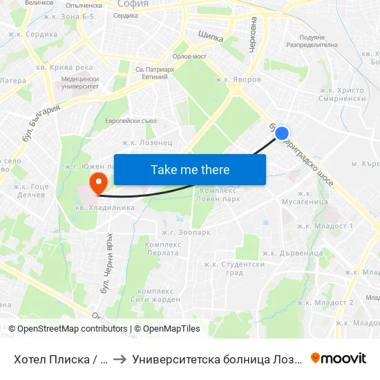 Хотел Плиска / Pliska Hotel (2326) to Университетска болница Лозенец (University hospital Lozenets) map