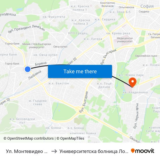 Ул. Монтевидео / Montevideo St. (2050) to Университетска болница Лозенец (University hospital Lozenets) map