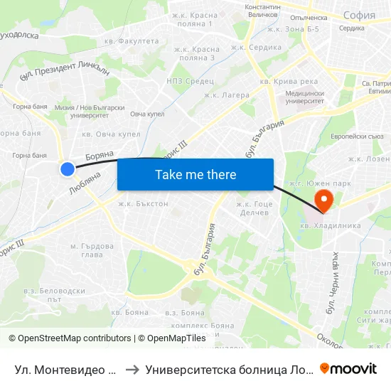 Ул. Монтевидео / Montevideo St. (2050) to Университетска болница Лозенец (University hospital Lozenets) map