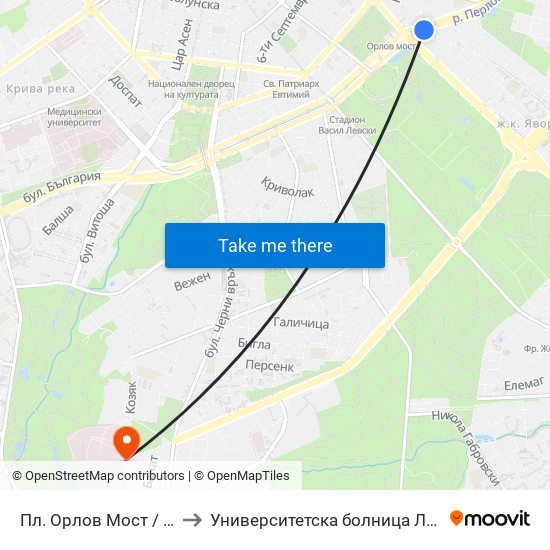 Пл. Орлов Мост / Eagles' Bridge Sq. (1290) to Университетска болница Лозенец (University hospital Lozenets) map