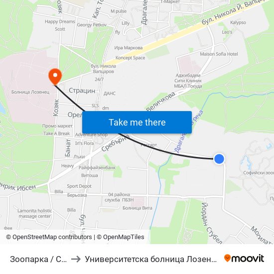 Зоопарка / City Zoo (2764) to Университетска болница Лозенец (University hospital Lozenets) map