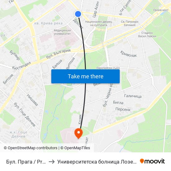 Бул. Прага / Prague Blvd. (0366) to Университетска болница Лозенец (University hospital Lozenets) map