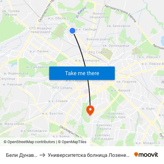 Бели Дунав / Beli Dunav to Университетска болница Лозенец (University hospital Lozenets) map