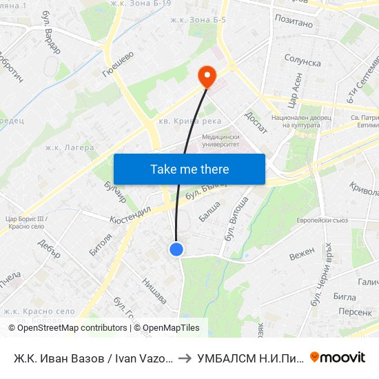 Ж.К. Иван Вазов / Ivan Vazov (0626) to УМБАЛСМ Н.И.Пирогов map