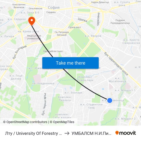Лту / University Of Forestry (0617) to УМБАЛСМ Н.И.Пирогов map