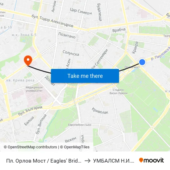 Ⓜ️ Пл. Орлов Мост / Eagles' Bridge Sq. (1290) to УМБАЛСМ Н.И.Пирогов map