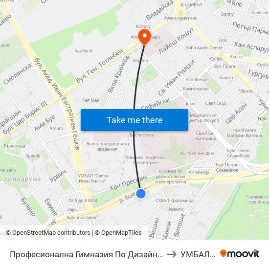 Професионална Гимназия По Дизайн Елисавета Вазова / Elisaveta Vazova High School Of Design (1736) to УМБАЛСМ Н.И.Пирогов map