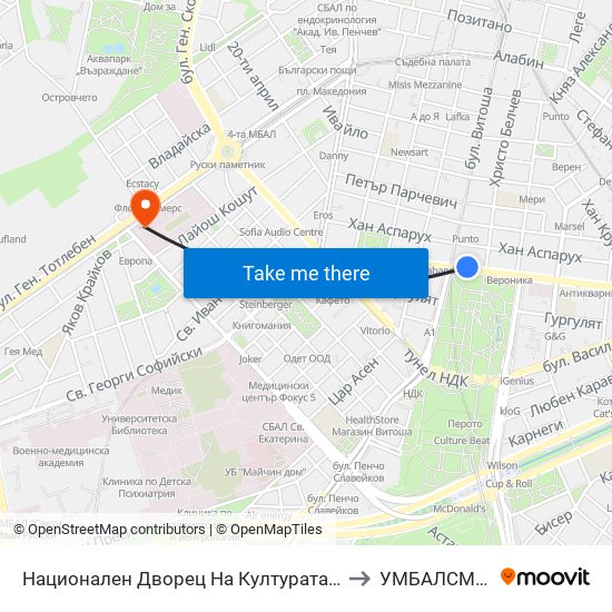 Национален Дворец На Културата / National Palace Of Culture (1136) to УМБАЛСМ Н.И.Пирогов map