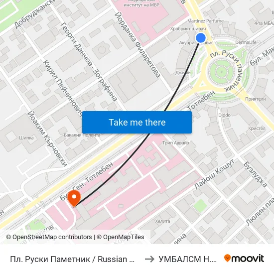 Пл. Руски Паметник / Russian Monument Sq. (1295) to УМБАЛСМ Н.И.Пирогов map