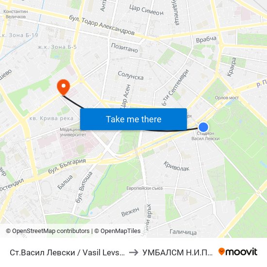 Ст.Васил Левски / Vasil Levski Stadium to УМБАЛСМ Н.И.Пирогов map