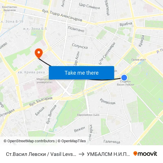 Стадион Васил Левски / Vasil Levski Stadium to УМБАЛСМ Н.И.Пирогов map