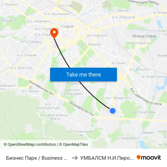 Бизнес Парк / Business Park to УМБАЛСМ Н.И.Пирогов map