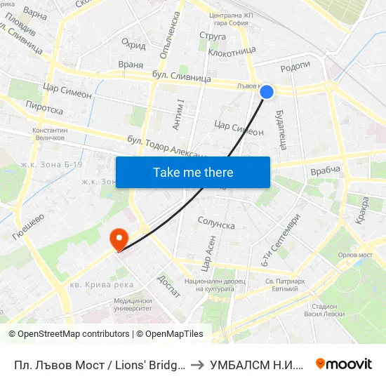Ⓜ️ Пл. Лъвов Мост / Lions' Bridge Sq. (1278) to УМБАЛСМ Н.И.Пирогов map