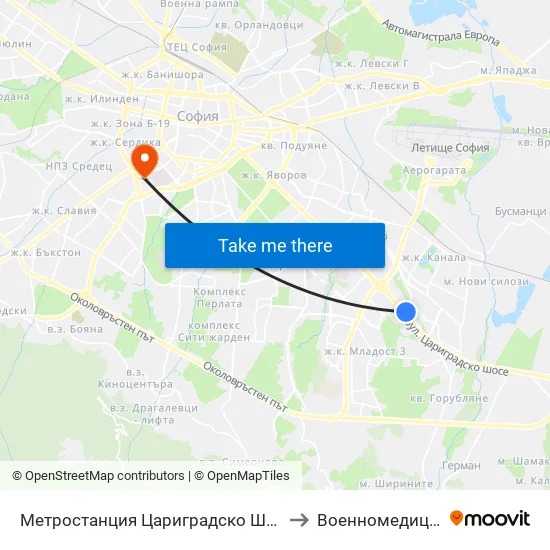 Ⓜ️ Метростанция Цариградско Шосе / Tsarigradsko Shosse Metro Station (1016) to Военномедицинска академия (ВМА) map