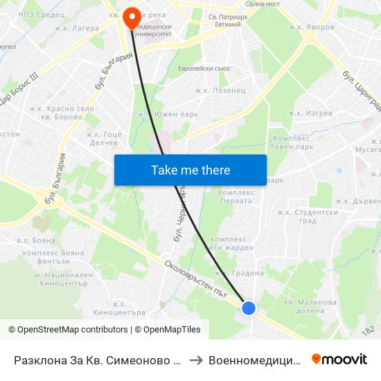 Разклона За Кв. Симеоново / Fork Road To Simeonovo Qr. (1458) to Военномедицинска академия (ВМА) map