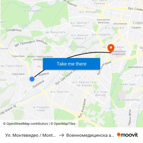 Ул. Монтевидео / Montevideo St. (2050) to Военномедицинска академия (ВМА) map