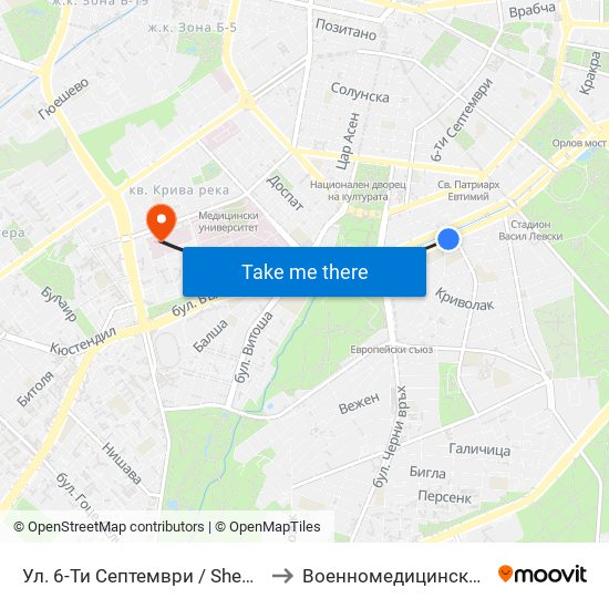 Ул. 6-Ти Септември / Shesti Septemvri St. (1807) to Военномедицинска академия (ВМА) map