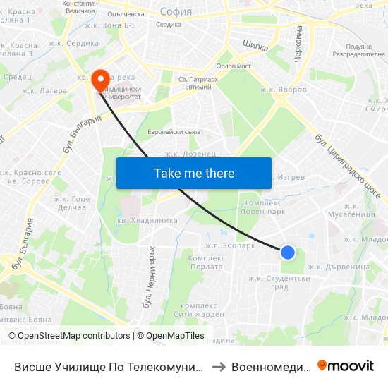 Висше Училище По Телекомуникации / University Of Telecommunications And Post (1396) to Военномедицинска академия (ВМА) map