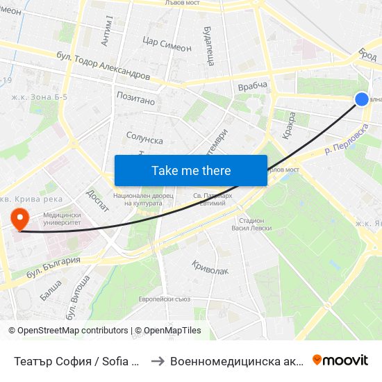 Театър София / Sofia Theatre (1727) to Военномедицинска академия (ВМА) map
