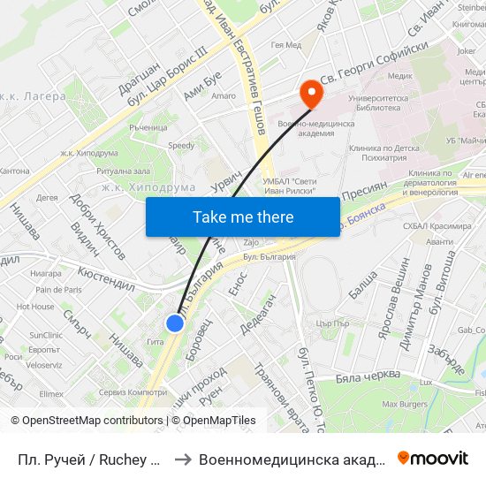 Пл. Ручей / Ruchey Sq. (1306) to Военномедицинска академия (ВМА) map