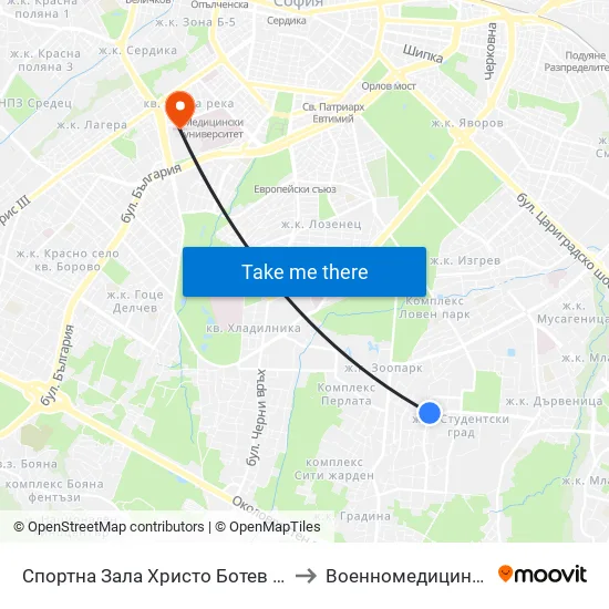 Спортна Зала Христо Ботев / Hristo Botev Sports Hall (1611) to Военномедицинска академия (ВМА) map