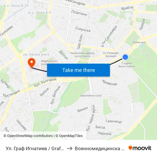 Ⓜ️ Ул. Граф Игнатиев / Graf Ignatiev St. (1913) to Военномедицинска академия (ВМА) map