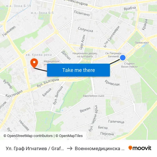 Ⓜ️ Ул. Граф Игнатиев / Graf Ignatiev St. (1914) to Военномедицинска академия (ВМА) map