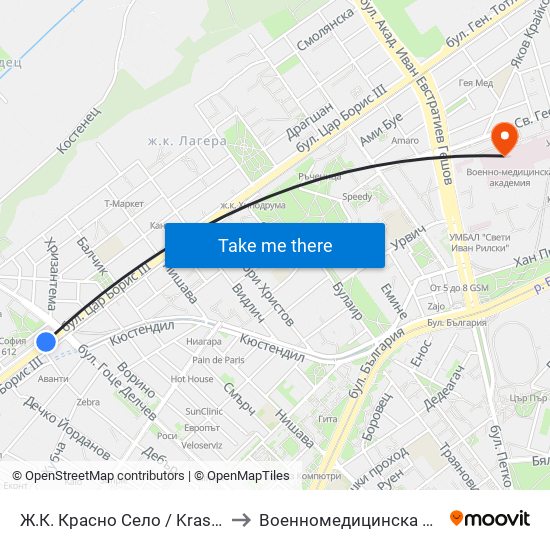 Ⓜ️ Ж.К. Красно Село / Krasno Selo Qr. (0638) to Военномедицинска академия (ВМА) map