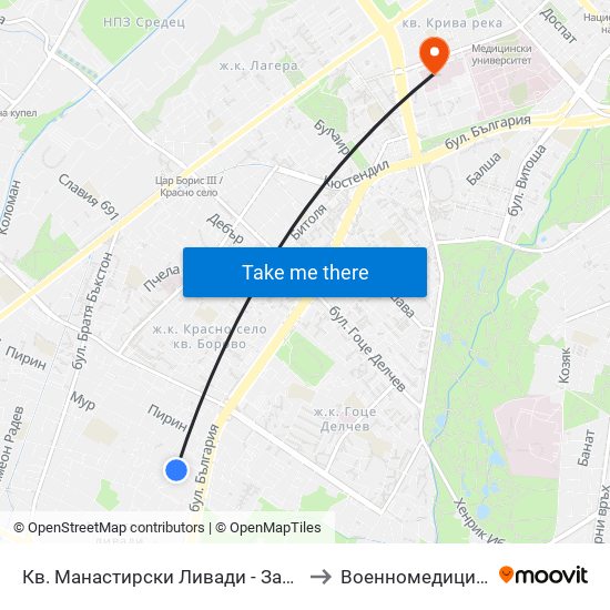 Кв. Манастирски Ливади - Запад / Manastirski Livadi - West Qr. (0582) to Военномедицинска академия (ВМА) map