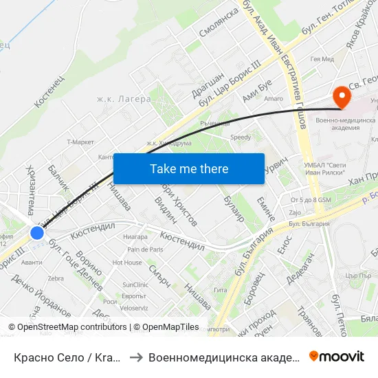 Красно Село / Krasno Selo to Военномедицинска академия (ВМА) map