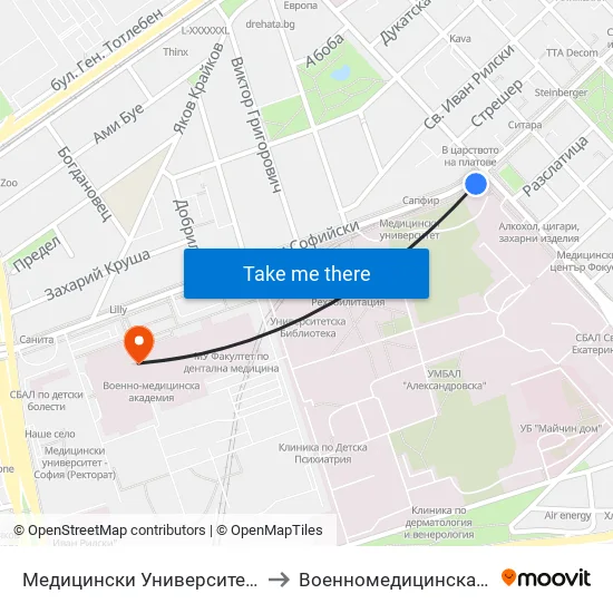 Медицински Университет / Medical University to Военномедицинска академия (ВМА) map