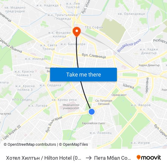 Хотел Хилтън / Hilton Hotel (0397) to Пета Мбал София map