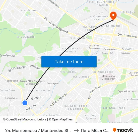 Ул. Монтевидео / Montevideo St. (2050) to Пета Мбал София map