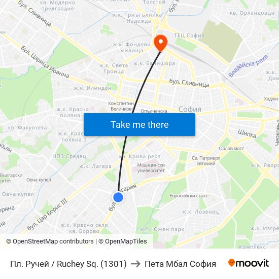 Пл. Ручей / Ruchey Sq. (1301) to Пета Мбал София map
