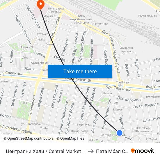 Централни Хали / Central Market Hall (2334) to Пета Мбал София map