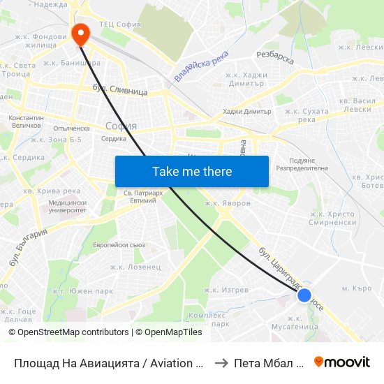 Площад На Авиацията / Aviation Square (1257) to Пета Мбал София map