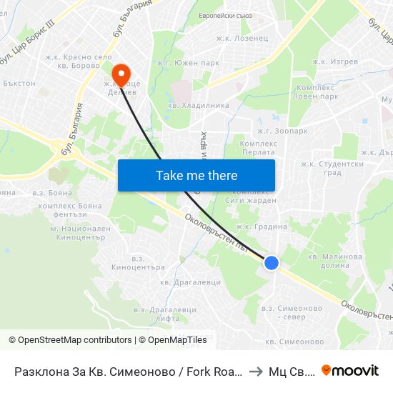 Разклона За Кв. Симеоново / Fork Road To Simeonovo Qr. (1458) to Мц Св. Петка map