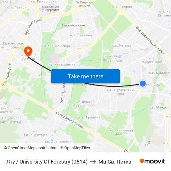 Лту / University Of Forestry (0614) to Мц Св. Петка map