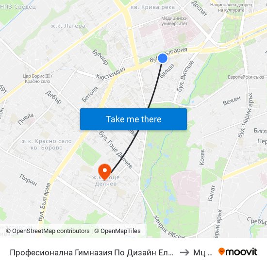 Професионална Гимназия По Дизайн Елисавета Вазова / Elisaveta Vazova High School Of Design (1736) to Мц Св. Петка map