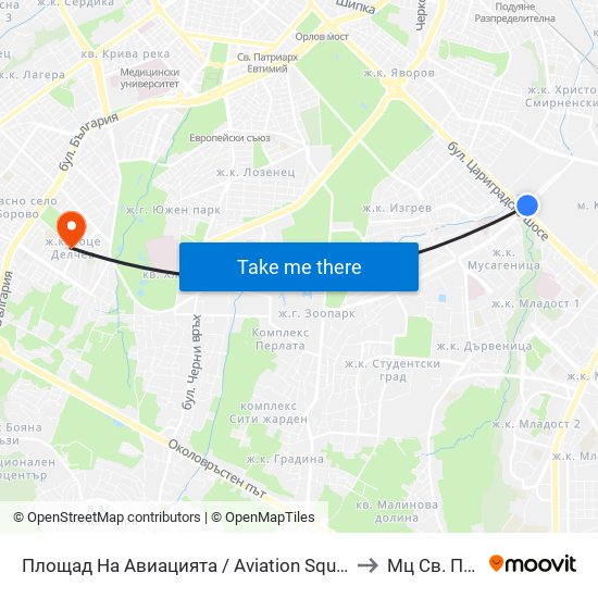 Площад На Авиацията / Aviation Square (1258) to Мц Св. Петка map