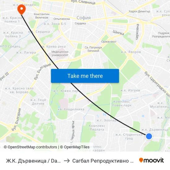 Ж.К. Дървеница / Darvenitsa Qr. (1015) to Сагбал Репродуктивно Здраве ""Д-Р Щерев"" map