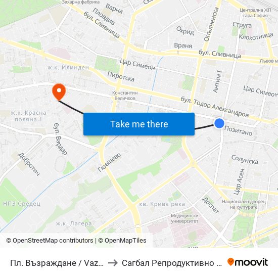 Пл. Възраждане / Vazrazhdane Sq. (1269) to Сагбал Репродуктивно Здраве ""Д-Р Щерев"" map