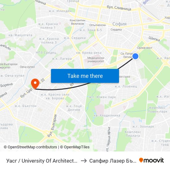 Уасг / University Of Architecture (0387) to Сапфир Лазер България map
