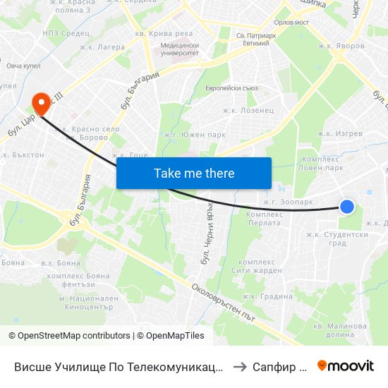 Висше Училище По Телекомуникации / University Of Telecommunications And Post (1397) to Сапфир Лазер България map