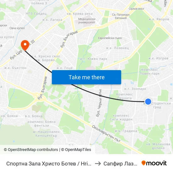 Спортна Зала Христо Ботев / Hristo Botev Sports Hall (1611) to Сапфир Лазер България map