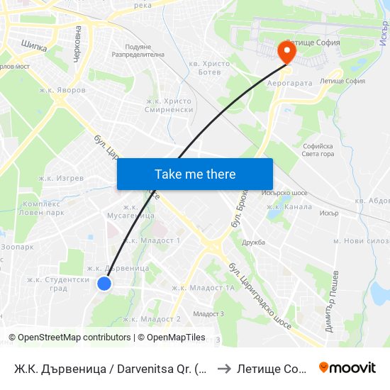Ж.К. Дървеница / Darvenitsa Qr. (1015) to Летище София map